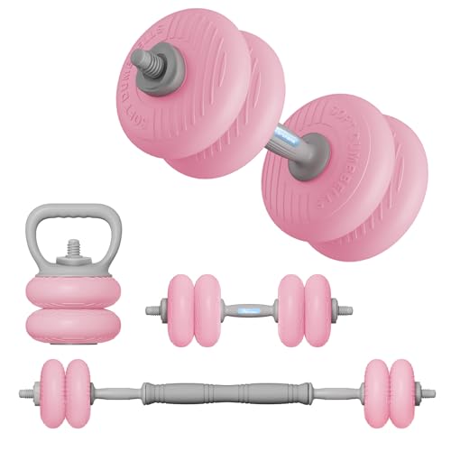 Adjustable Dumbbell Set 13LB/18LB/22LB/35LB, 4-in-1 Soft Shell Weight Set with Connector, Converts to Barbell & Kettlebell, Strength Training Equipment for Home Gym, Ideal for Women & Beginners - color: Pink-35 LB