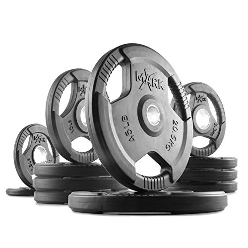 XMARK TRI-GRIP Pair or Set of Olympic Weight Plates, Rubber Coated Exercise Weights for Olympic Barbell, Strength Training Weight Set for Home Gym - color: 11) Set 155 lbs