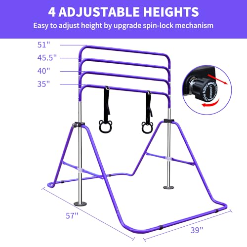 Gymnastics Bars for Kids with Rings, Junior Kip Training Bars Equipment for Home, Folding Height Adjustable Horizontal Bars - color: Purple