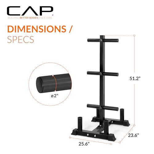 CAP Olympic Bumper Plate Tree Rack with Barbell Holders, Heavy-Duty Weight Plate Storage Rack for Home Gym, Steel Olympic Plate Organizer Stand, Multiple Color & Size Options - color: Black, size: 6-Plate Posts / 4 Bar Holders