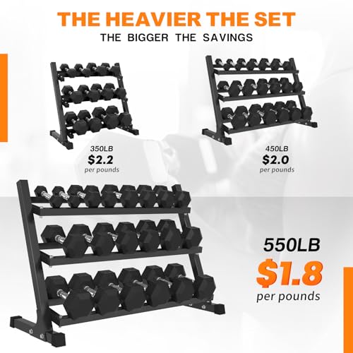 Mikolo Dumbbell Sets with Rack, Rubber Hex Dumbbells, Multiple Choices in 160/200/380/450/550LB, Hand Weights with Chrome Handle for Strength Training - style: 550LB SET