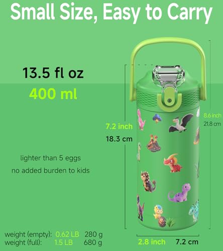 MYFOREST 14oz/400ml Insulated Kids Water Bottle, Odor-free Liner, 3D Touch | No Plastic Taste, Surgical Steel - No Chemical Leaching, Name Spot, Soft Sipper, Gift for Dino Fan, DinoCraft: Chibi - color: DinoCraft: Chibi