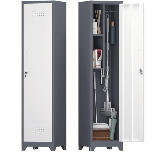 IRONFFICE Slim Cabinet,Narrow Broom Closet Storage Cabinets with Doors,Narrow Utility Closet with Hanging Rod,Slim Laundry Storage Cabinet for Garage,Living Room,Grey-White - size: 15.75"D x 15.75"W x 64.96"H-Grey/white