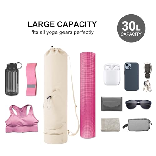 sportsnew Yoga Mat Bag with Water Bottle Pocket & Wet Pocket for Women | Yoga mat carrier fits 1/8"-3/8" yoga mats, quick-access multi-pocket organization, lightweight for gym, Pilates & studio - color: Beige, size: Medium