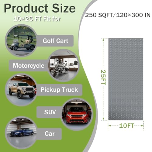 10x25 FT Gray Garage Floor Mat, 2.8mm Thickened Flooring Roll for Under Car Diamond Plate PVC Rubber Mat with 20 Pcs Tapes, Non-Slip Floor Mat for Garage, Warehouse, Gyms, Trailer - color: Gray, size: 10x25 FT
