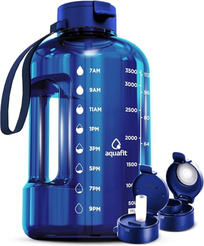 AQUAFIT 1 Gallon Water Bottle with Time Marker | BPA Free 128 oz Water Bottle with Straw and Chug Lids - Leakproof Gym Water Bottle with Carry Handle (Blue) - color: Blue, style: 128 oz - 2 Lids