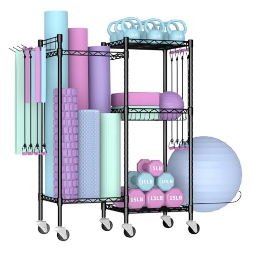 Dumbbell Rack, Home Gym Storage with Locking Wheels & 4 Hooks, 4 Tier Adjustable Workout Equipment Storage for Yoga Mat, Foam Roller, Dumbbell, Kettlebell, Fitness Ball and Resistance Band