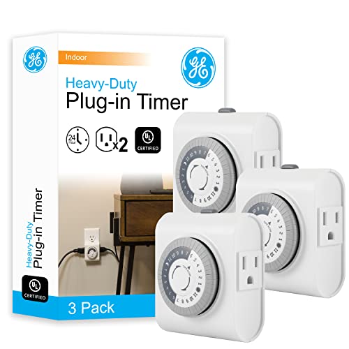 GE 24‑Hour Mechanical Outlet Timer Switch, Dual Grounded Plug‑in Control for Indoor Lighting, Lamps, Christmas Trees, Fans and Small Appliances (3 Pack), 66404
