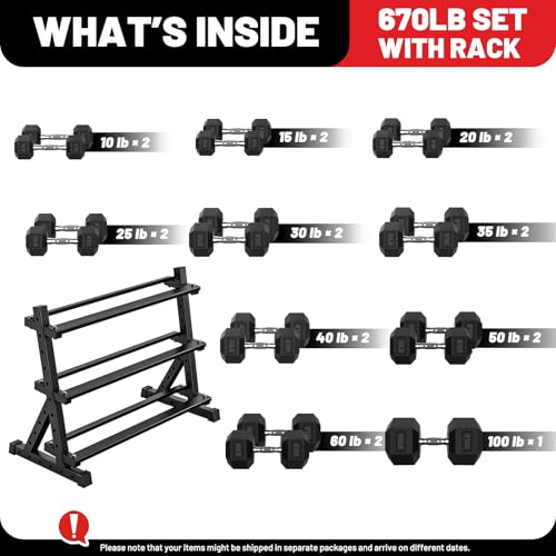 PAPABABE Dumbbell Set with Rack Dumbbells Rubber Encased Home Gym | PAPABABE Complete & Durable Cast Iron Core Odorless PVC Antiroll Hex Shape Ergonomic Chrome Handle Versatile Home Gym - size: 670LB with 3-Tier Weight Rack