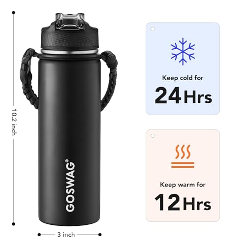 GOSWAG 24oz Insulated Stainless Steel Travel Water Bottle, 2 Lids | with straw and no straw, Paracord handle, Double-wall vacuum keeps drinks cold or hot, Leakproof tumbler - color: Matte Black
