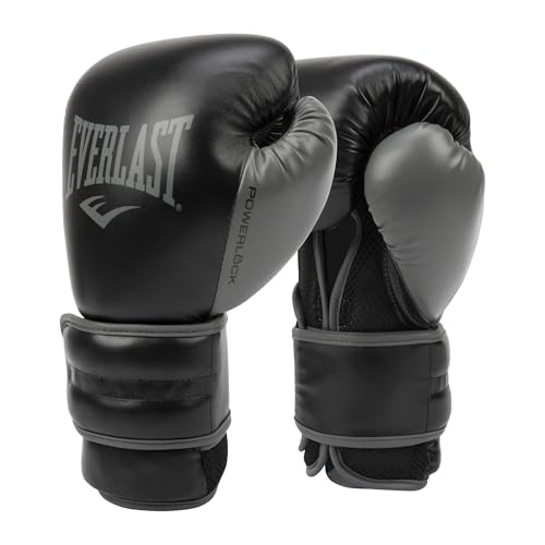 Everlast Powerlock 2 Hook & Loop Boxing Gloves | Fight Training Gloves | Hook and Loop with Durable Hand & Wrist Support | Heavy Bag & Fitness Training - color: Black / Gray, size: 14 oz