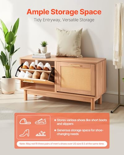 VEVOR Rattan Shoe Storage Bench, Entryway Bench with 2 Flip Drawers, Holds up to 300 lbs with 4 Compartments and 2 Rattan Doors, 39.4 x 11.8 x 20.9 Inches for Hallway, Living Room, Bedroom - size: 2 Rattan Doors