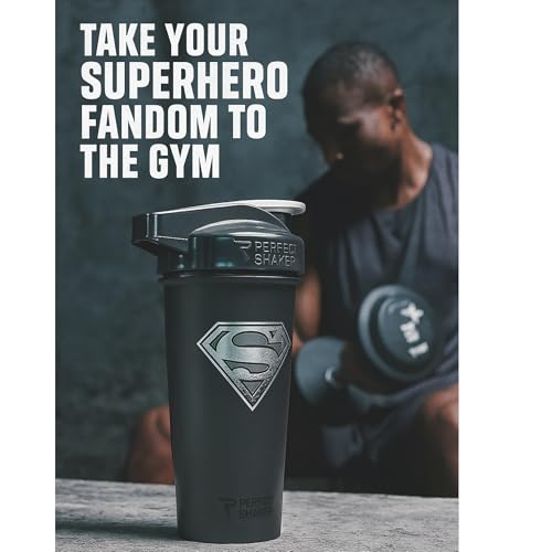 PerfectShaker ACTIV DC Comics Super Hero Series | Leak-Proof, BPA-Free, Shatter-Resistant | ActionRod Mixing Technology for Smooth Blends | Gym, Fitness & Sports Shaker - 28oz (Superman(Black)) - color: Superman(Black)