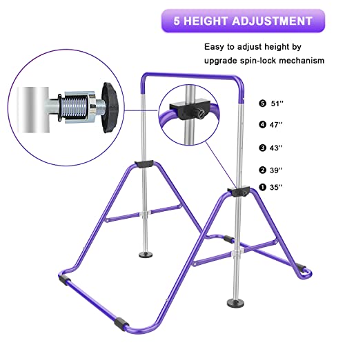 RINREA Gymnastic Bars for Kids, Adjustable Height Horizontal Bar for Home | 5-Height 35"-51", Foldable & Space-saving, Indoor Outdoor Training Kip Bar, with Gymnastics Rings & Gymnastics Pad - color: Purple with Mat