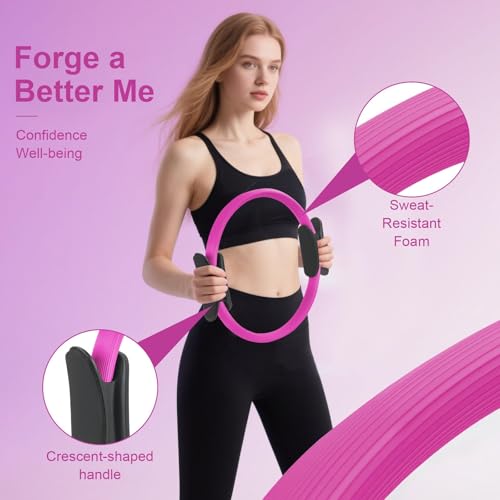 Pilates Kit, Home Pilates Equipment Set with Pilates Ring, Pilates Ball and 5 Resistance Bands, Core Strength Training Workout Kit for Flexibility & Muscle Toning - color: pink
