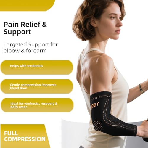 Arm compression Sleeve (1 Pair),Copper Elbow Compression Sleeve,Elbow Brace for Tennis Elbow Tendonitis,Full Arm Sleeve for Men & Women,Sports Support & Recovery (Black, Medium) - size: Medium