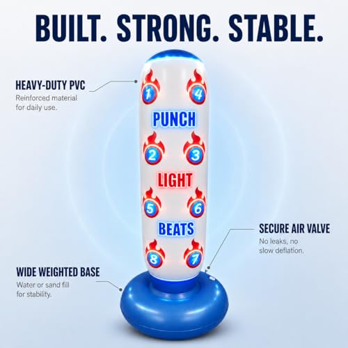 Punching Bag for Kids with Color-Changing LED Lights, Built-in Music & 8 Targets, Inflatable Boxing Set Ages 3-12 with Boxing Gloves & Pump (Batteries Not Included), Sand/Water Fill Base Birthday Gift