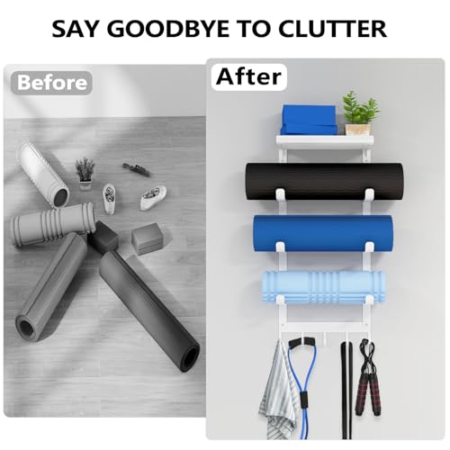 LSK Yoga Mat Holder Wall Mount, 4-Tiers Yoga Mats Storage, White | Home Gym Storage Rack with Floating Shelf for Storing Fitness, Yoga Rollers, 5 Hooks for Skipping-Rope, Small Gym Equipment - color: White