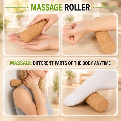 Cork Balance Board & Foot Roller Set, Ankle Strengthener for Yoga | Relieves plantar fascia tension, includes massage ball & toe resistance bands, built-in storage, physical therapy equipment