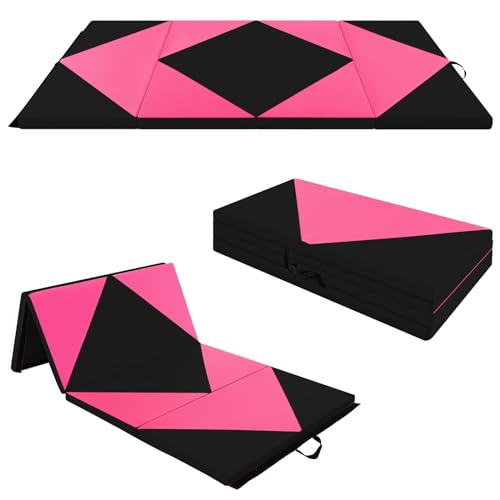 Goplus Gymnastics Mat, Folding Tumbling Mat with Carry Handles, Hook & Loop Fasteners, 4 Panels for Fitness Exercise Yoga Stretching Aerobics Workouts, Thick Gym Mats for Home - color: Rose&Black