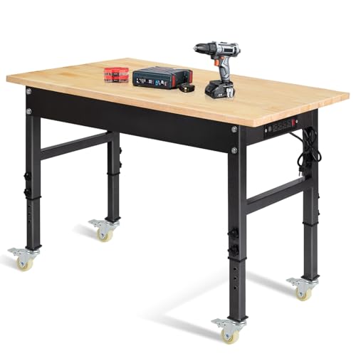 48" Adjustable Work Bench, Rubber Wood Top Workbench | Heavy-Duty work table with Power Outlet,workbenches Wheels, 2000 LBS Load Capacity Hardwood Work Benches for Garage - size: with socket and wheels, 48