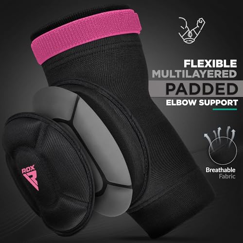 RDX Elbow Pads, Muay Thai MMA Kickboxing Sparring Elbow Guard, Martial Arts Striking Protection,Wrestling Basketball Adjustable MTB Volleyball Compression Padded Sleeve, Men Women - color: Black Pink, size: Large