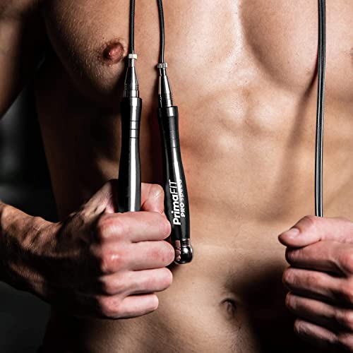 PrimaFIT Pro Speed Jump Rope for Adults, Weighted Skipping Rope for Boxing | Adjustable Jumping Rope for Fitness Workout & CrossFit Exercise, Double Unders, Handle Weights, 3m Cables 2 Protectors, Bag - color: Black