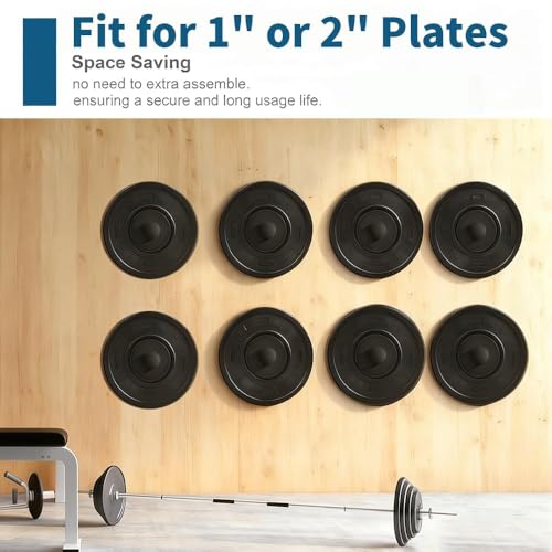 Wall Mounted Weight Plate Holder for 1" Plates, Heavy Duty Steel Powder Coated with Rubber Pads, Space Saving No Assembly Needed Tilt Up Design for Home Gym Wall Storage - size: 1 Inch & 2 Inch