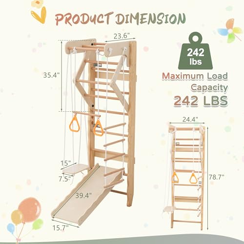 6-in-1 Swedish Ladder Wall Gym, Indoor Kids Playground with Swing, Rope Ladder, Pull-Up Bar, Slide, Gymnastic Rings, Wooden Wall Mounted Indoor Play Set for Kids & Adults (Style A)
