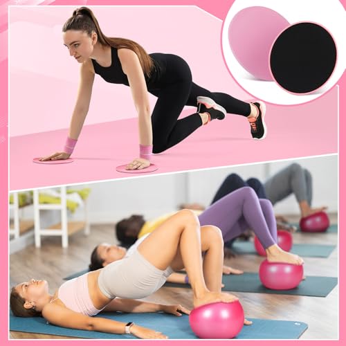 Poen 18 Pcs Home Pilates Kit for Women Pilates Ball and Ring Circle Set Yoga Fitness Essential with 5 Resistance Band Stretching Strap Non Slip Sock Ball Core Slider Wristband Headband Gym Bag - color: Pink