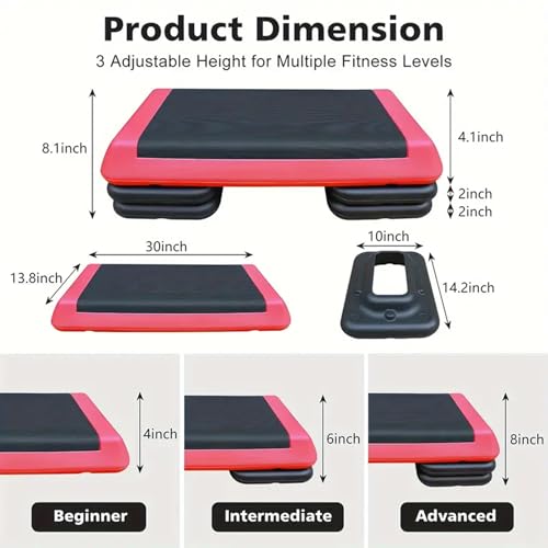 Adjustable Workout Aerobic Exercise Step Platform, Fitness & Exercise Step Platform with 2/4 Stackable Risers for Home Gym Cardio Training(Grey/Red) - color: Red-4Risers