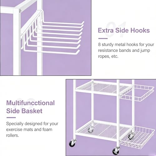 Workout Equipment Storage Rack Metal Yoga Mat Storage Rack, Weight Cart Home Gym Storage Rack with Wheels for Dumbbells, Yoga Mats, Kettlebells, Foam Rollers - color: White
