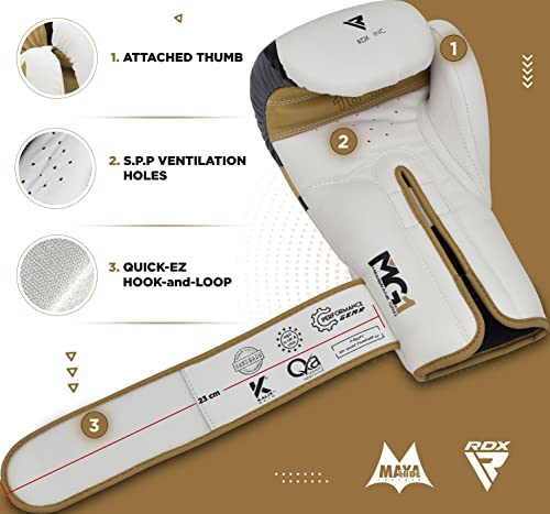 RDX Boxing Gloves EGO, Sparring Muay Thai Kickboxing MMA Heavy Training Mitts, Maya Hide Leather, Ventilated, Long Support, Punching Bag Workout Pads, Men Women Adult 8 10 12 14 16 oz - color: GOLDEN, size: 12OZ