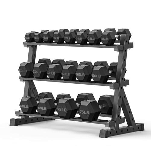 PAPABABE Dumbbell Set with Rack Dumbbells Rubber Encased Home Gym | PAPABABE Complete & Durable Cast Iron Core Odorless PVC Antiroll Hex Shape Ergonomic Chrome Handle Versatile Home Gym - size: 650LB with 3-Tier Weight Rack