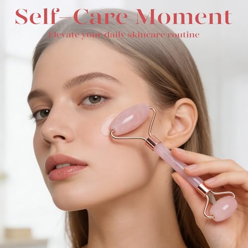 BAIMEI IcyMe Rose Quartz Roller & Gua Sha Set, Cooling Face Roller for Depuffing & Lymphatic Massage, Sculpting Tool for Face, Eyes & Neck, Smooth Skincare Gift for Women and Men - color: Pink