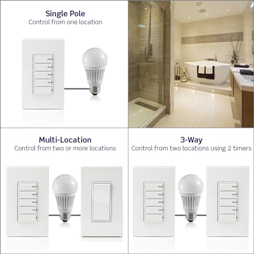 Leviton Countdown Switch for bathroom household lights, 10-20-30-60 min, Neutral Wire Required, 20A, 1HP/16A Fan/Motor, Single Pole, Multi-Way or Multi-Timer, DT260-1LW, White - style: 10-20-30-60 min Neutral Wire Required