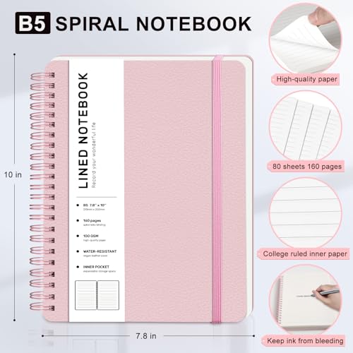 ABERLLS Lined Spiral Journal Notebook with 160 Pages, 7.8×10in, B5 Spiral Notebook, Journaling Notebooks for Work, School, Women, Men, College Ruled Spiral Notebook, Hardcover Leather Journals, Pink - color: Pink, size: B5