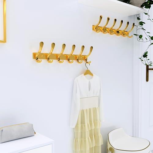 SKOLOO Coat Rack Wall Mounted - 6 Hooks, Pack of 2, Heavy Duty, Stainless Steel, Metal Wall Hangers, Sturdy Coat Hooks for Hanging Coats, Jacket, Clothes, Hat, Bright Gold - color: Bright Gold, size: 6 Hook(2 Pack)