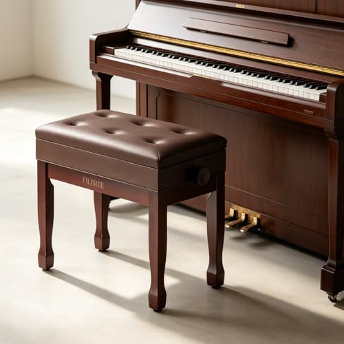 Adjustable Height Piano Bench Stool PU Leather Cushion Wooden Keyboard Seat with Music Storage (Brown) - color: Brown