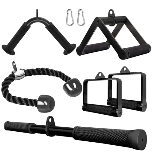 Double D Row Handle Cable Attachment for Weight Workout, Steel with Non-Slip Rubber Grip (Black) - color: Black Five-piece Set