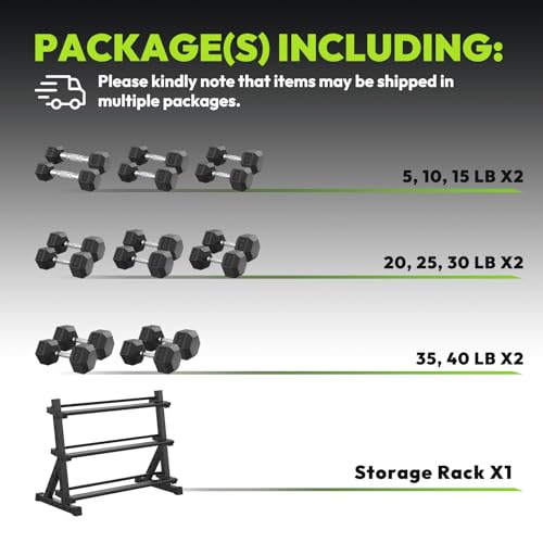 HANDBODE Rubber Coated Hex Dumbbell Set with Rack, 300-840 lb | Fixed Weights Sets with Heavy Duty Storage Stand, Multiple Weight Options Home Gym Equipment for Strength Training - style: 360 lb Set (5-40 lb) with Rack
