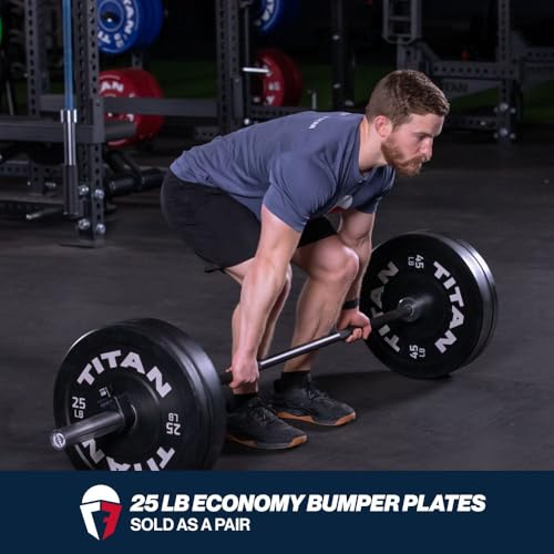 Titan Fitness Economy Series Black Olympic Bumper Plates, Durable Rubber Exterior with Steel Core, Weightlifting and Strength Training Weight Plate - size: 25 LB Pair