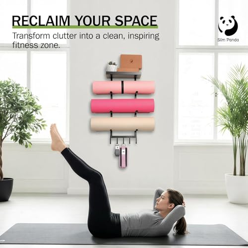 Slim Panda Yoga Mat Holder Wall Mount with Mesh Bag, 4-Tier Metal Storage Rack with Floating Shelf & 5 Hooks, Large Home Gym Organizer for Foam Rollers, Resistance Bands & Yoga Accessories