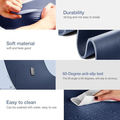 Gruper Yoga Mat Non Slip NBR Extra Thick Yoga Mat, 72"L x 32"/24"W x 0.6"/0.4"TH (185cm x 80cm/61cm x 15mm/10mm), Anti-Tear Exercise Mat with Carrying Strap and Bag, Workout Mats for Yoga, Pilates - color: Navy Blue, size: 72 x 32 x 0.6 inches