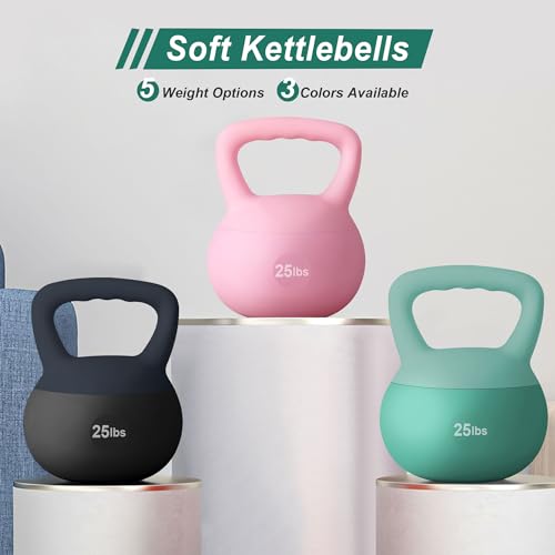 soges PVC One-Piece Kettlebell with Wide Handles, Strength Training Kettlebells 5lb to 35lb Optional for Women of Different Levels, Iron Sand Filled Soft Kettlebell - color: 25lbs - Blue