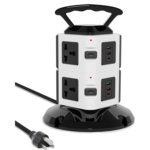 Power Strip Tower with 6 Outlets, 4 USB-A & 2 USB-C Ports, 1875W/15A Heavy Duty Charging Station for Multiple Devices, Plug Tower with 6ft Extension Cord, for Home, Office, Dorm - size: 2-Tier