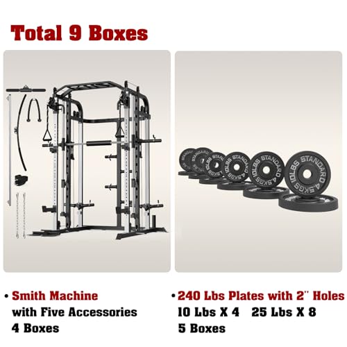 Smith Machine, Multifunctional Power Cage Rack with Smith Bar and Cable Pulley System, and LAT Pull Down Machine for Home Gym… - style: Power Cage with 240 Lbs Plates