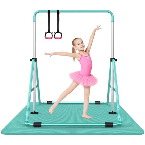 SHIWEI Gymnastics Bar for Kids, Gymnastic Kip Bar 5-Height Adjustable Home | Foldable, Indoor Outdoor Use, 140lb Capacity, for Ages 3-8, with Gymnastics Rings, Anti-Slip & Space-Saving Design - color: Green with mat