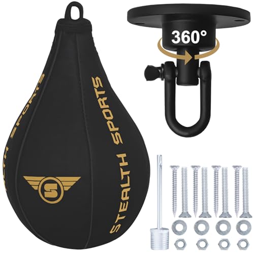 Speed Ball Boxing – MMA Speed Bag & Hanging Swivel Kit for Boxing Training – Punching Bag for Muay Thai, Kickboxing, Martial Arts, Reflex and Speed Training Striking Bag - color: Matt Black & Gold