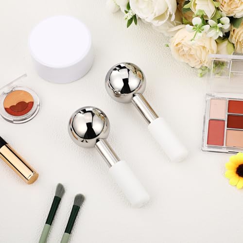 Baderke 2 Pcs Ice Globes for Face Stainless Steel Cooling Globes Unbreakable Cooling Roller Women Ice Balls Cryo Sticks Facials Skin Care for Dark Circles, Puffiness(Silver (White Handle)) - color: Silver (White Handle)
